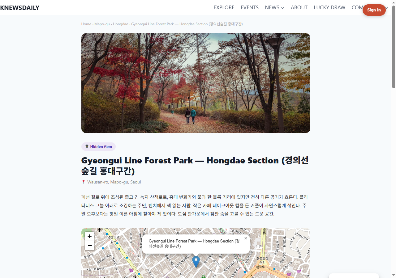 A hidden gem place page on knewsdaily — showing place type, description, map, and address
